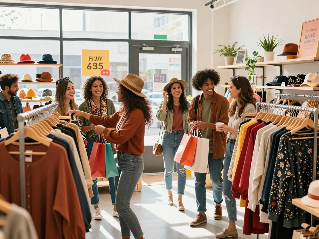 Friends enjoying shopping at the boutique, promoting https://hubet88.icu/ new arrivals and sales
