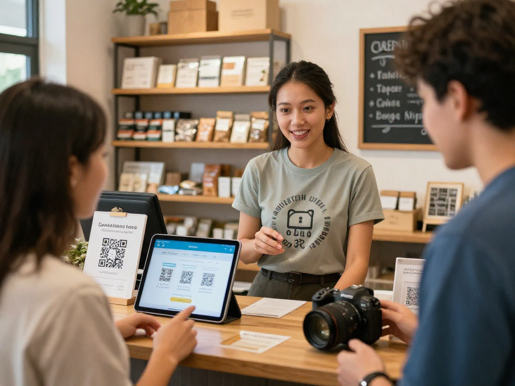 Engaging small business owner demonstrating a loyalty app to customers, promoting rewards and interaction.