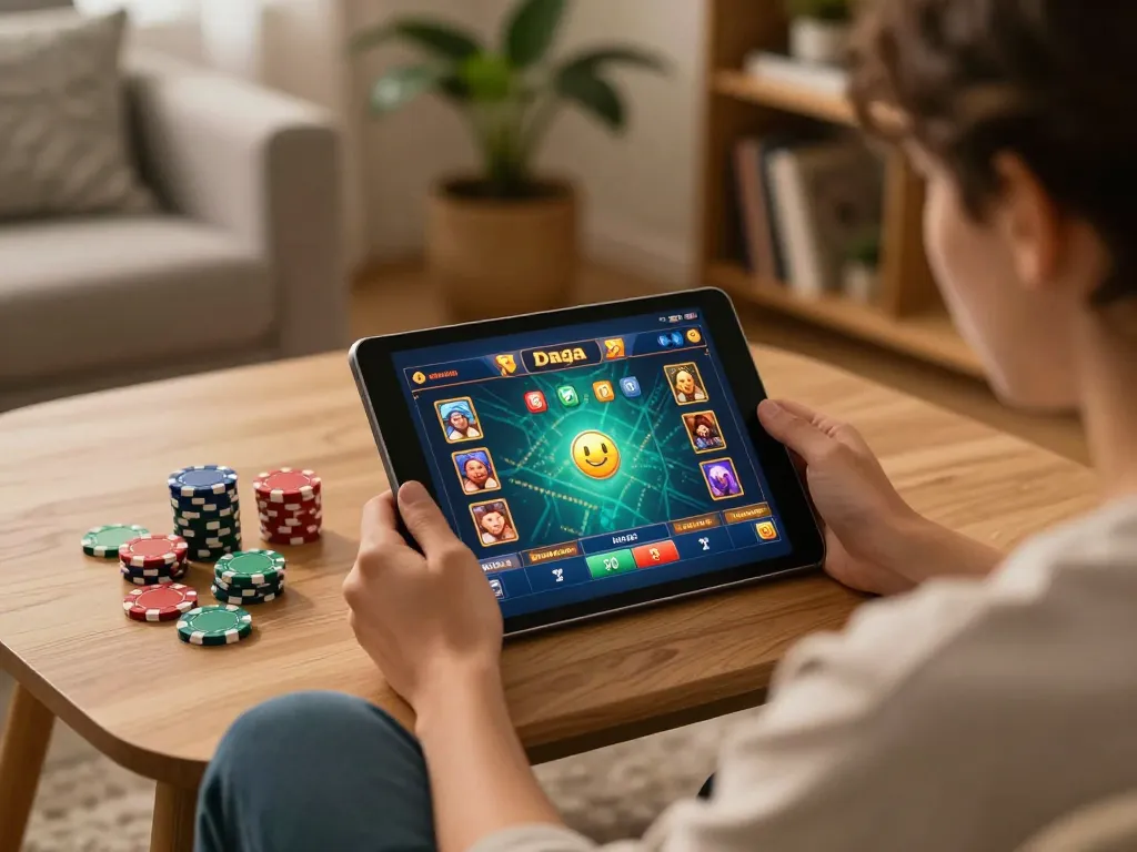 Daga player engaging with online gaming interface on tablet in cozy home setting