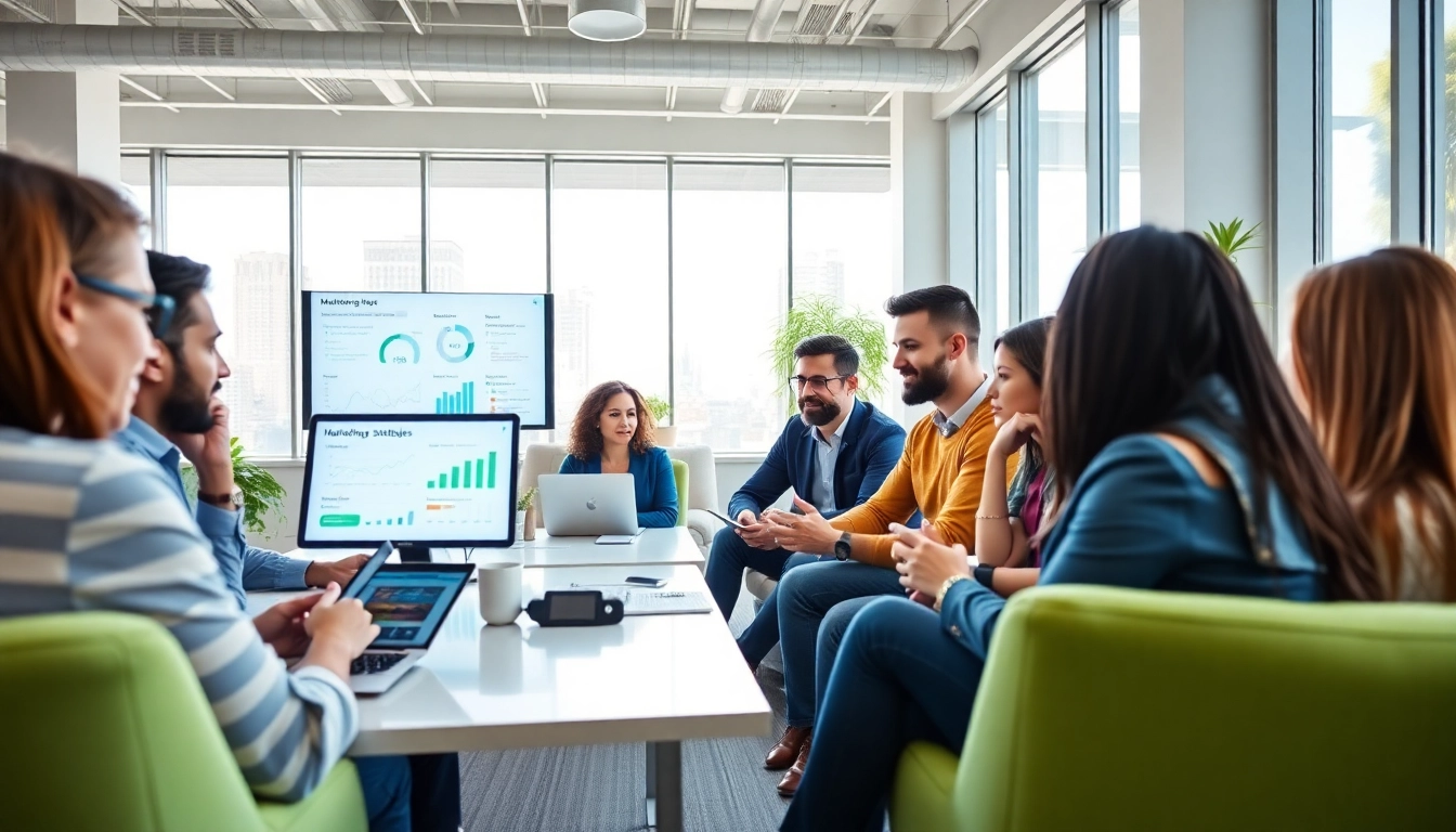 Collaborative digital marketing company team strategizing in a bright office space.