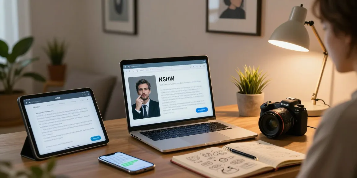 Engaging with an NSFW AI chatbot in a cozy home office setup, showcasing modern tech and creative writing.