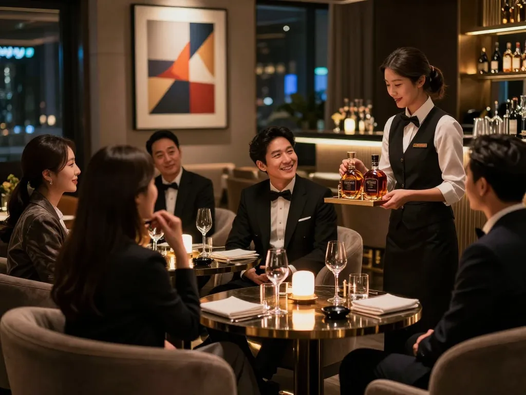 Gangnam쩜오 lounge scene with guests enjoying luxury drinks in an elegant atmosphere.