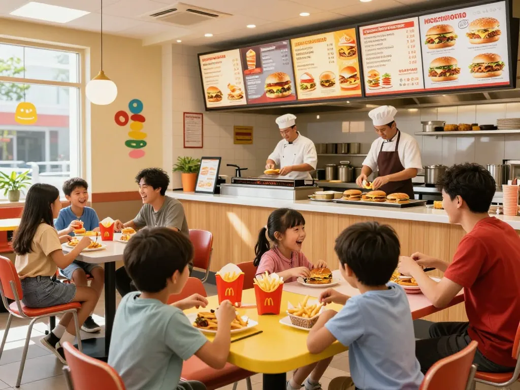 Colorful fast food menu items at a lively restaurant with families enjoying meals