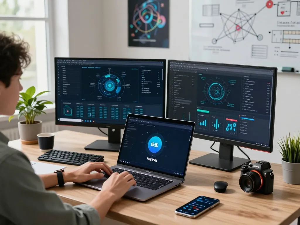 快连 enhances network performance in a modern tech workspace with multiple monitors showing analytics.