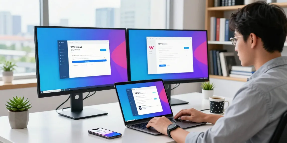 WPS Download in a modern workspace featuring a young professional working on a laptop at a stylish desk.