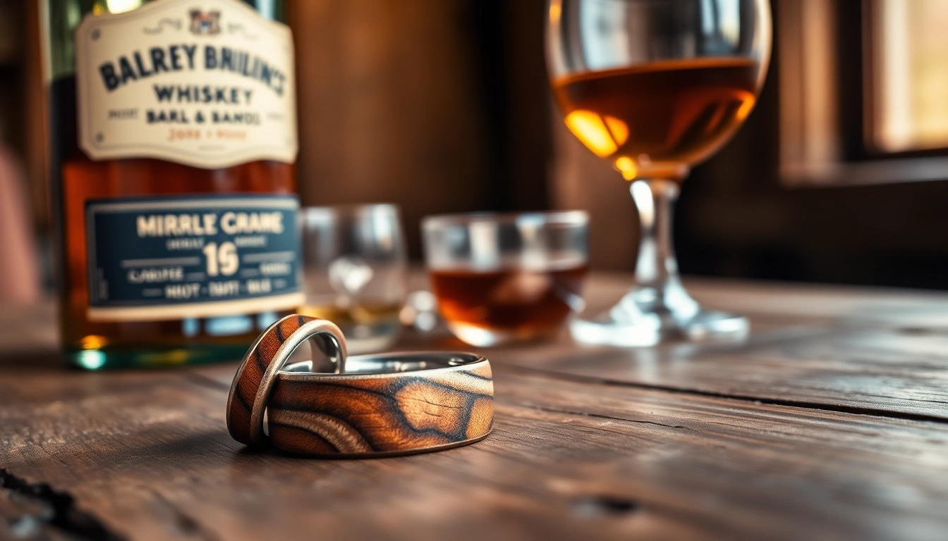 Showcase whiskey barrel wedding bands with rustic elements and warm lighting.