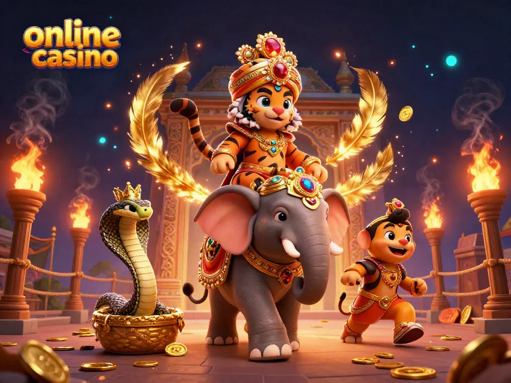 Disfruta de la emoción de un casino online, donde un majestuoso tigre y un elefante relucen en un entorno vibrante.