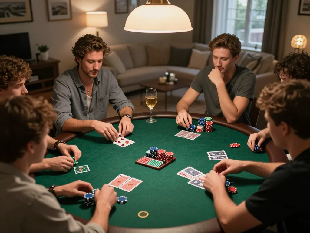 Friends enjoy a home poker night, featuring a competitive game of Texas Hold'em in a cozy setting, capturing the excitement of sun win.