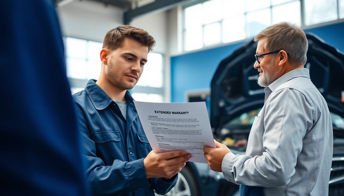 Discussing the benefits of extended warranty provider services in an automotive repair shop.