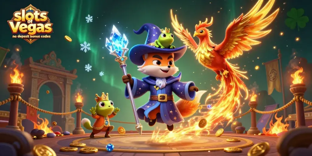 Claim exciting slots of vegas no deposit bonus codes with a mystical wizard and phoenix illustration.