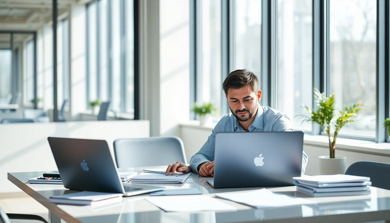 Consultant engaged in registration and certification in Federal databases for federal contracts at a modern office.
