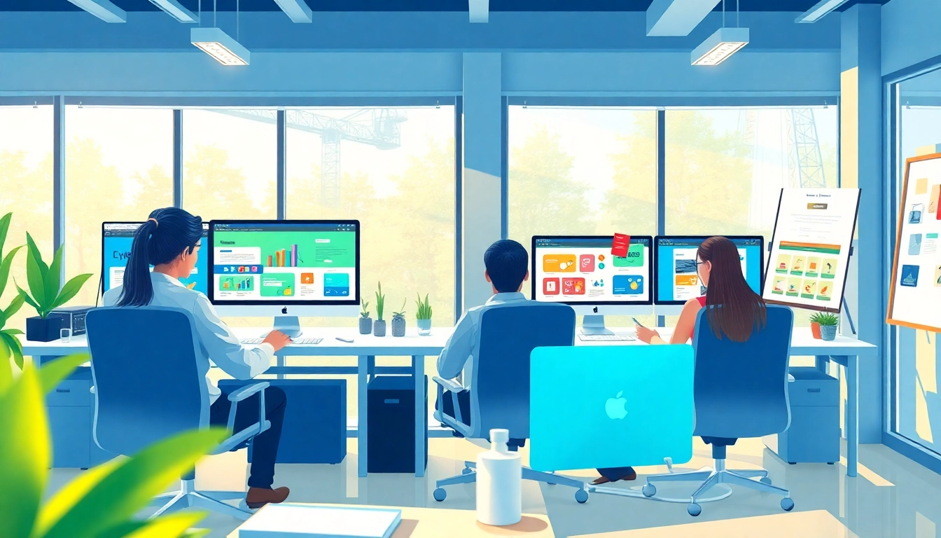 Webdesign Agency Arbeitsszene mit kreativen Designern, die gemeinsam an Webseitenprojekten arbeiten.