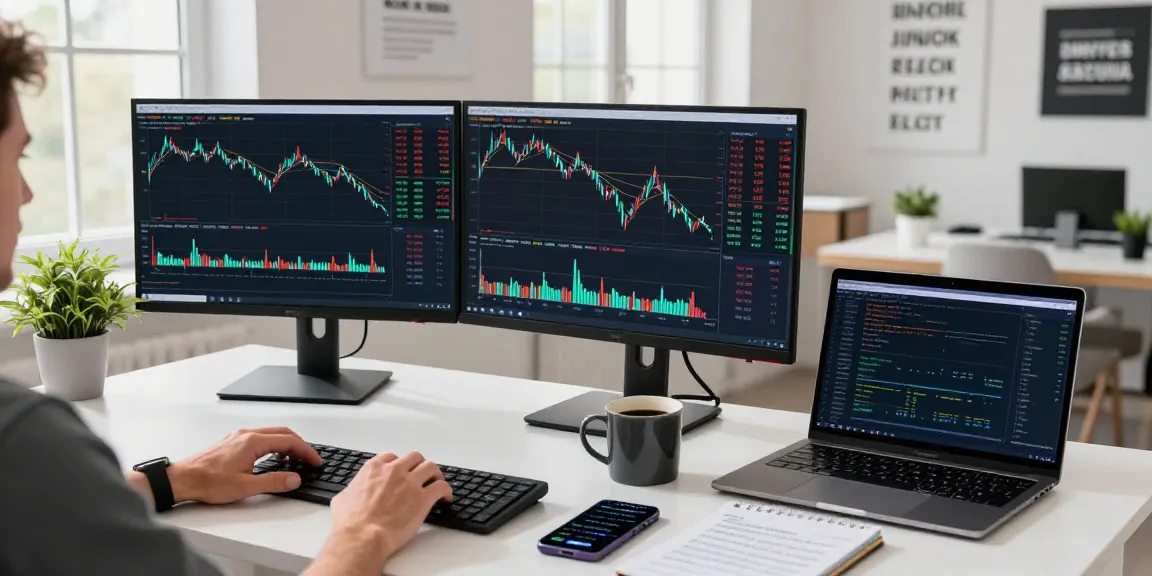 Trader using MT5 platform with dual monitors in a modern workspace.