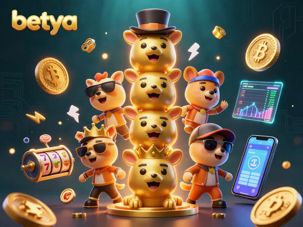 Betya's exciting online casino scene showcases popular slot games with vibrant 3D coins and whimsical characters.