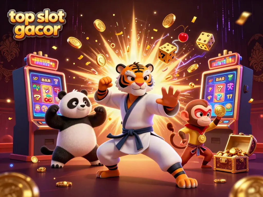 Slot gacor yang menarik dengan karakter lucu dan slot machine bersinar, meningkatkan semangat pemain.