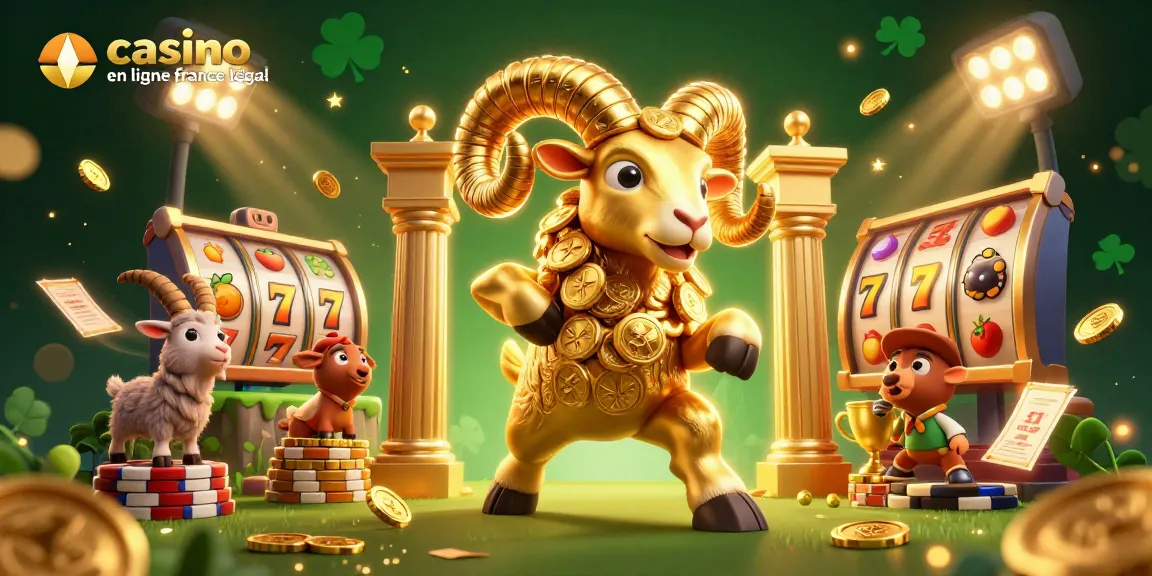 Illustration dynamique de casino en ligne légal en France avec un bélier doré et des éléments de jeu, ambiance captivante.