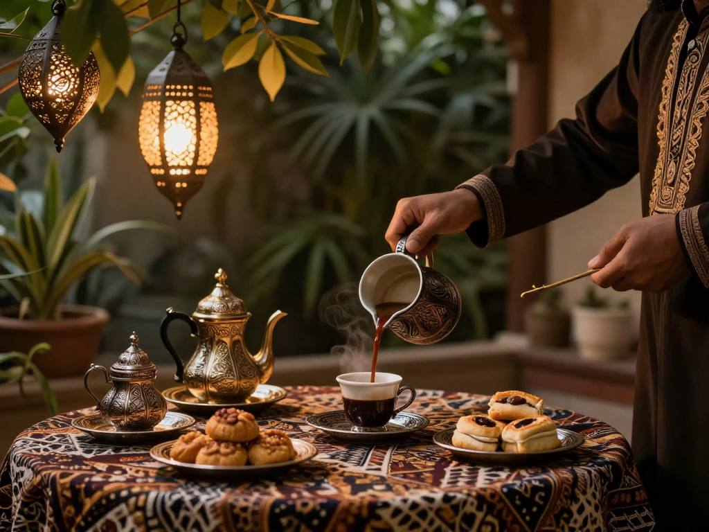 قهوجي وصبابين يقدمون القهوة في أجواء تقليدية دافئة مع معجنات عربية.