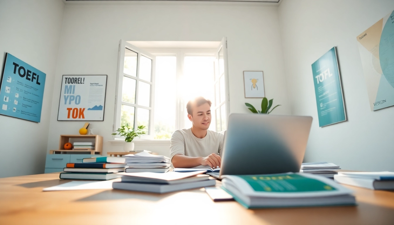 Get TOEFL expert help in a bright study space, featuring organized materials and a focused student.