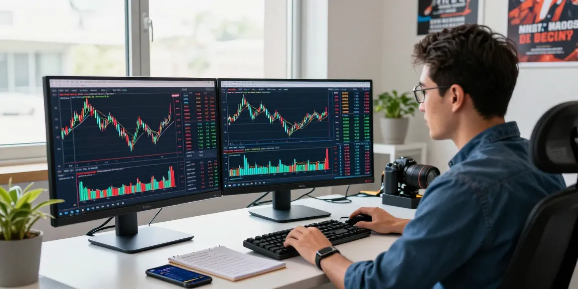 在现代办公环境中，专注的交易员使用TradingView分析市场，桌上有多屏幕显示实时行情数据和技术指标。