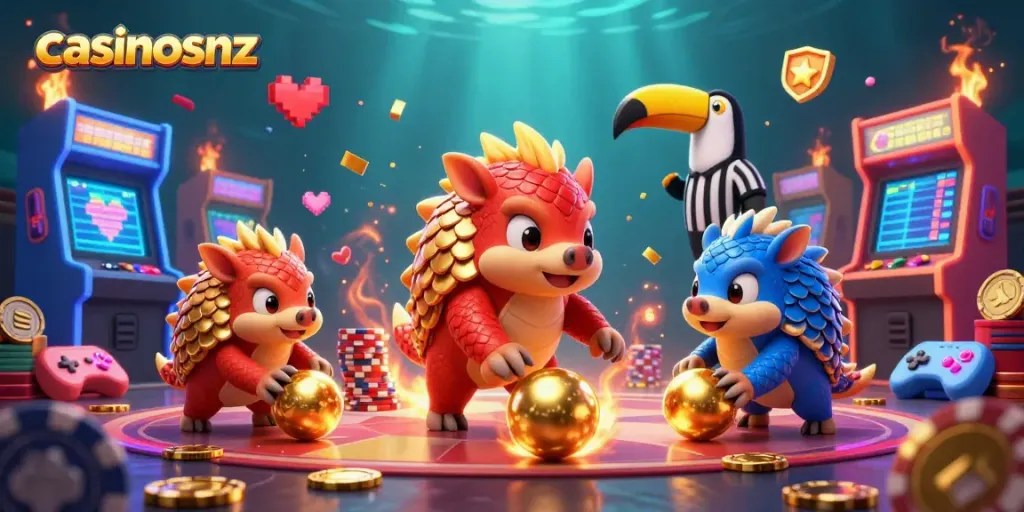 Engage with casinosnz in a vibrant scene showcasing dynamic pangolin rivals and packed casino elements.