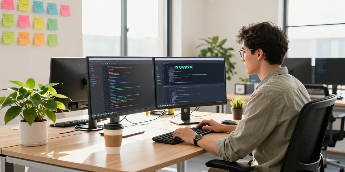 Developer working on the 纸飞机中文版 app in a modern office