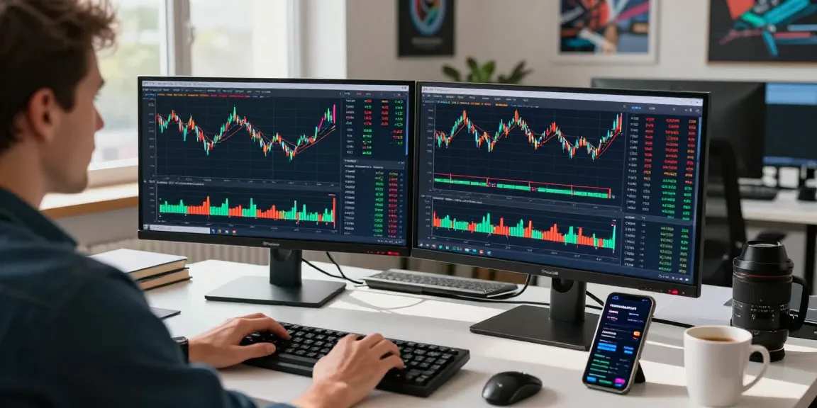Trader using MetaTrader 5 on dual monitors in a modern office environment, analyzing forex and stock charts.