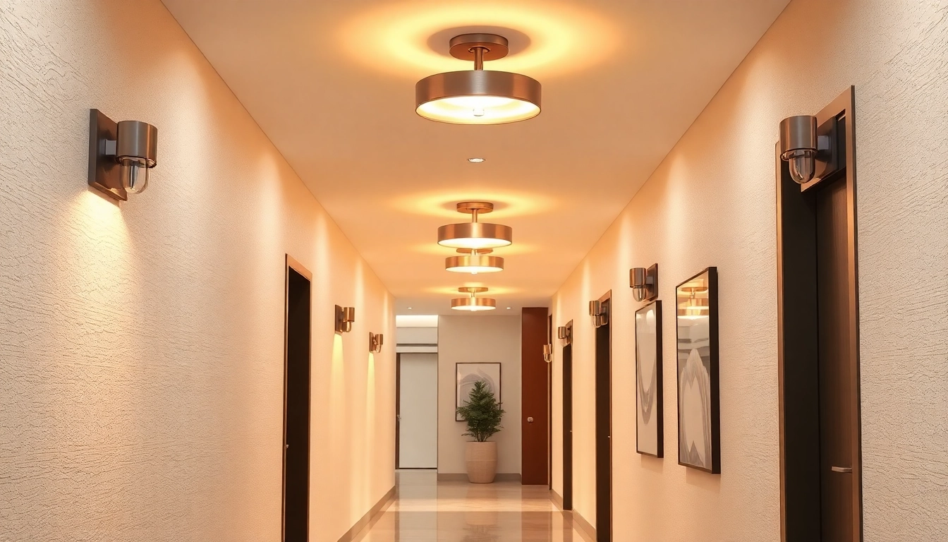 Enhance your space with stylish hallway lighting fixtures that illuminate a modern corridor.