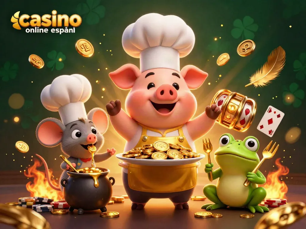 Disfruta de la diversión con el casino online español, lleno de monedas doradas y personajes animados.