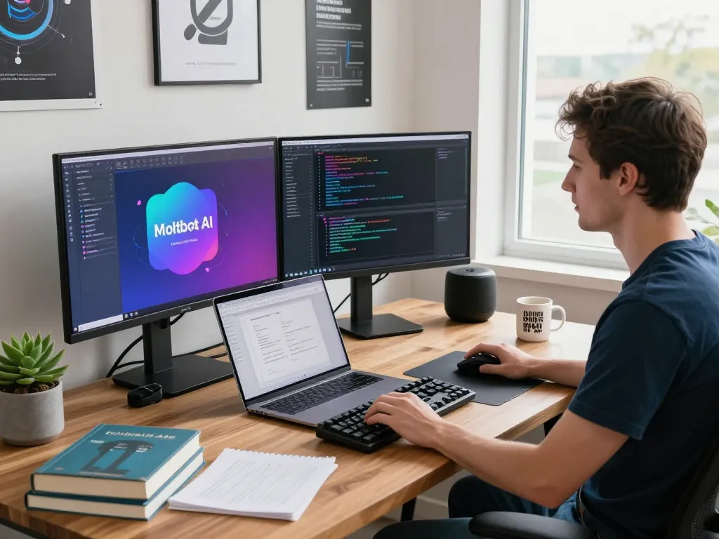 Moltbot AI developer workspace with multiple screens displaying coding and application interfaces, vibrant and creative atmosphere in a modern tech environment.