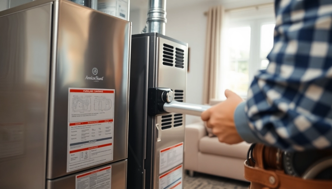 Installer working on an american standard furnace Canada with tools, showcasing a residential environment.