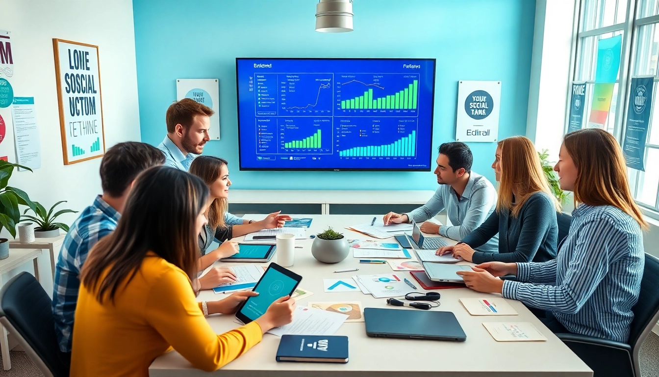 Engaging team brainstorms for social media marketing edmonton strategies in a vibrant office environment.