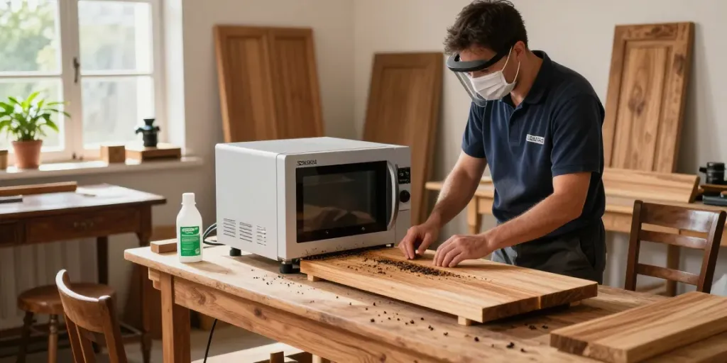 SHASHEL® microwave device in an eco-friendly workshop eliminating wood-boring insects from vintage furniture.