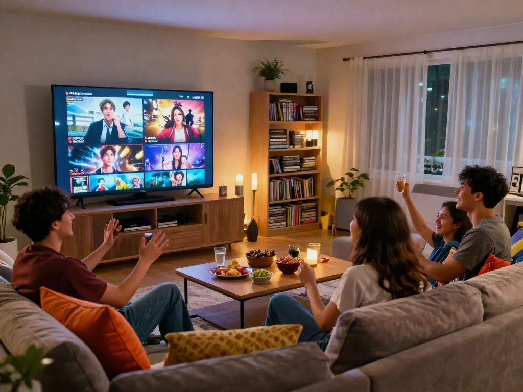 The friends enjoying JAV sub indo videos in a cozy living room setting.