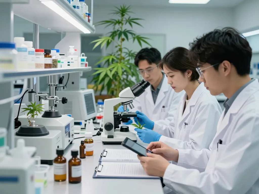EU cannabinoid manufacturer team analyzing cannabinoid samples in a modern lab.