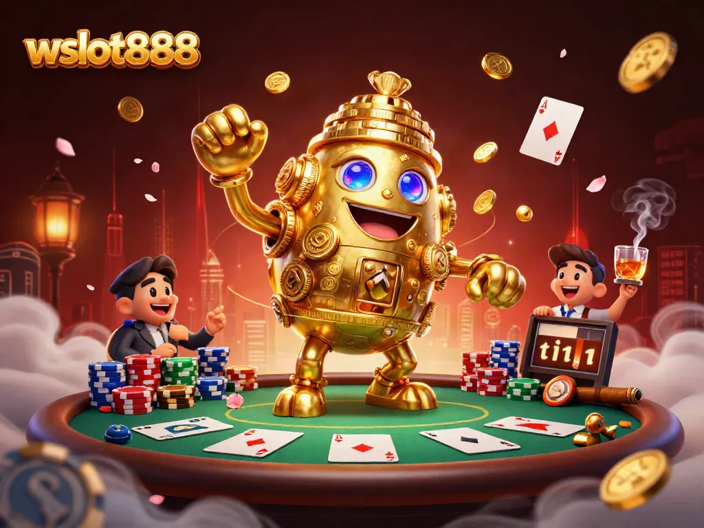 Gambarkan wslot888 dengan golem emas dan chip poker di latar belakang penuh warna.