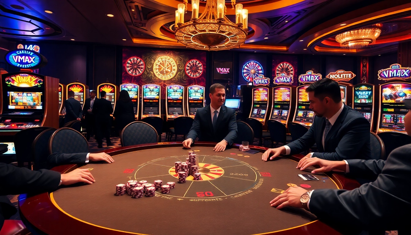 VMAX gambling enthusiasts enjoying a luxurious casino experience with poker and roulette.