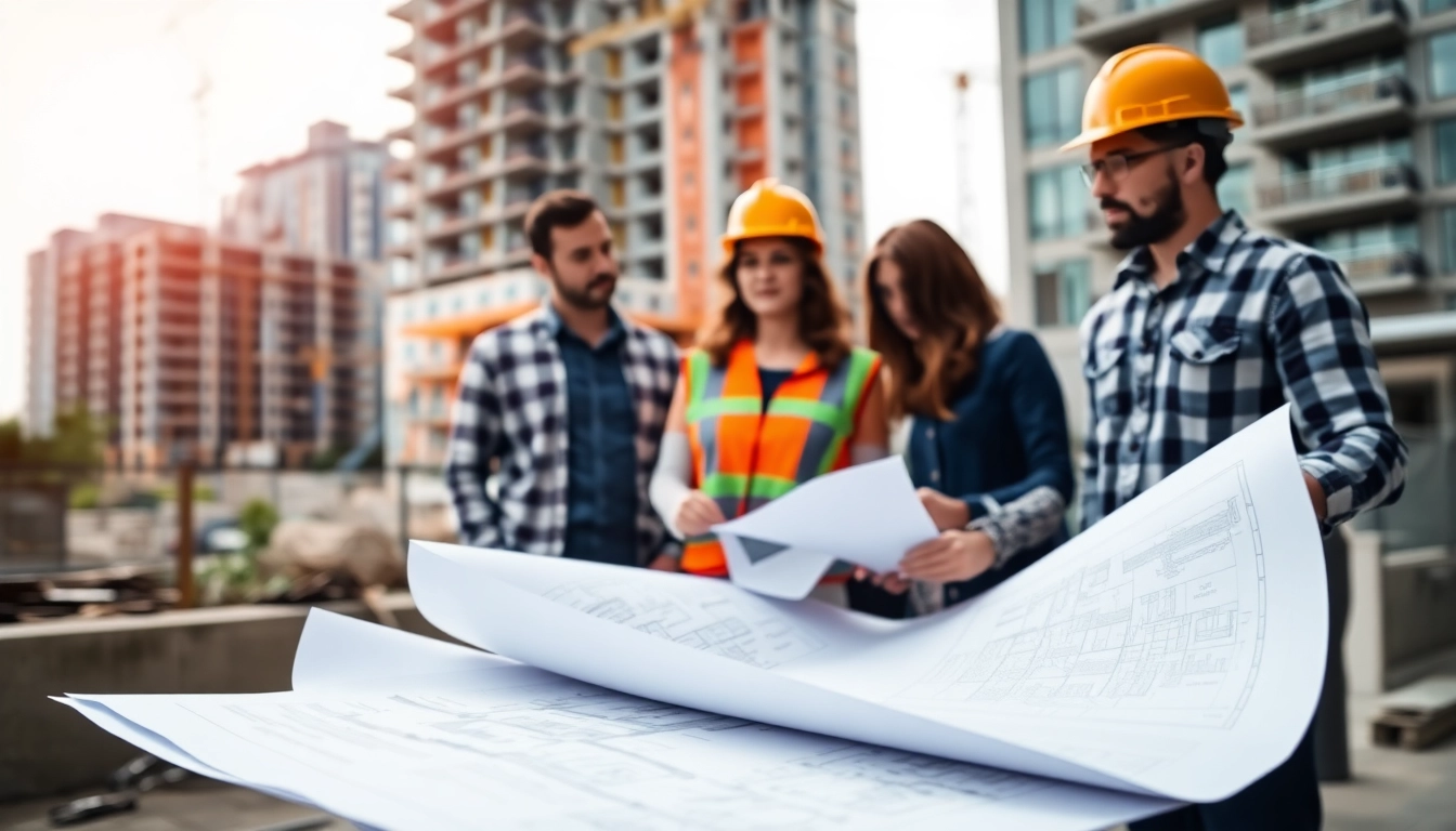 Exploring construction design services with architects reviewing blueprints at a construction site.