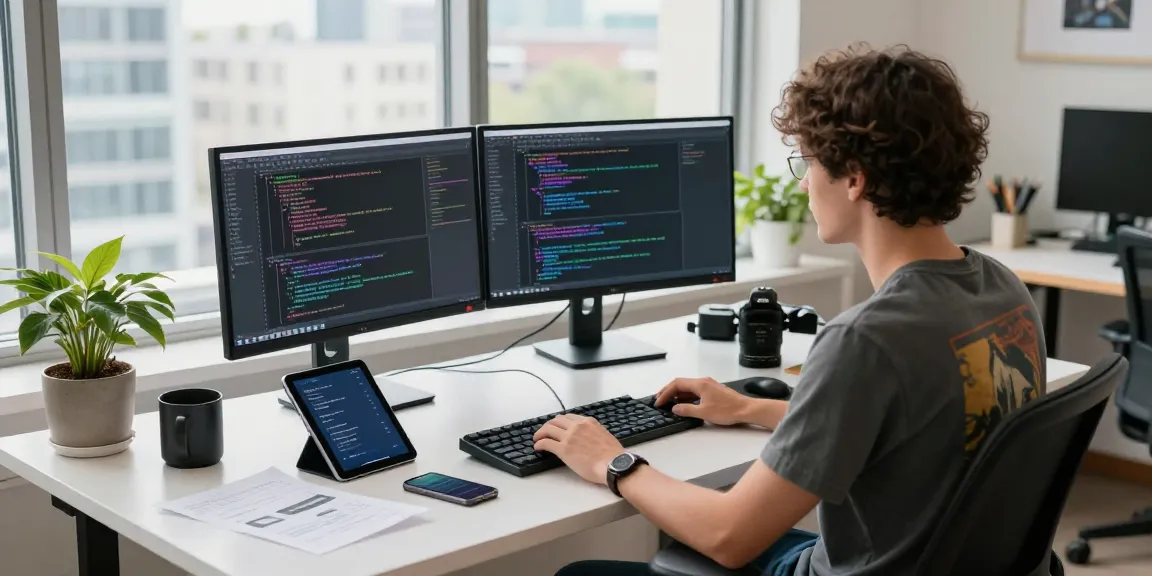 Dynamic workspace of a developer coding at a modern desk with multiple tech gadgets, showcasing the 纸飞机官网 innovation.