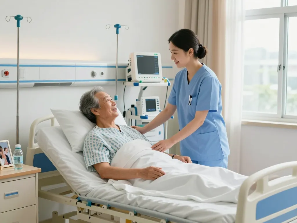 Patient bed (giường bệnh nhân) in a comforting hospital room with a nurse caring for an elderly patient, highlighting healthcare professionalism.