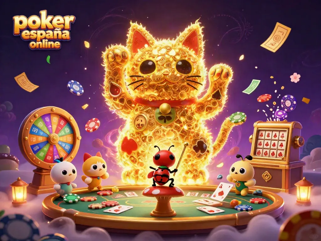 Disfruta de poker España online con mesa de juego y personajes animados en una divertida escena.