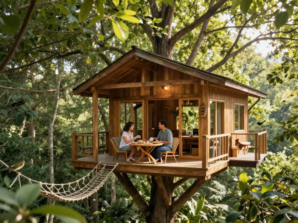 Couple enjoying breakfast in a luxury tree house, embodying the essence of tree house life.