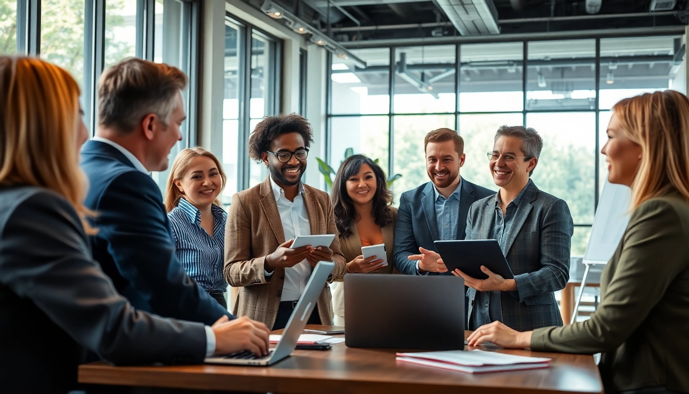 Engaging leadership communication among diverse team members in a bright office.