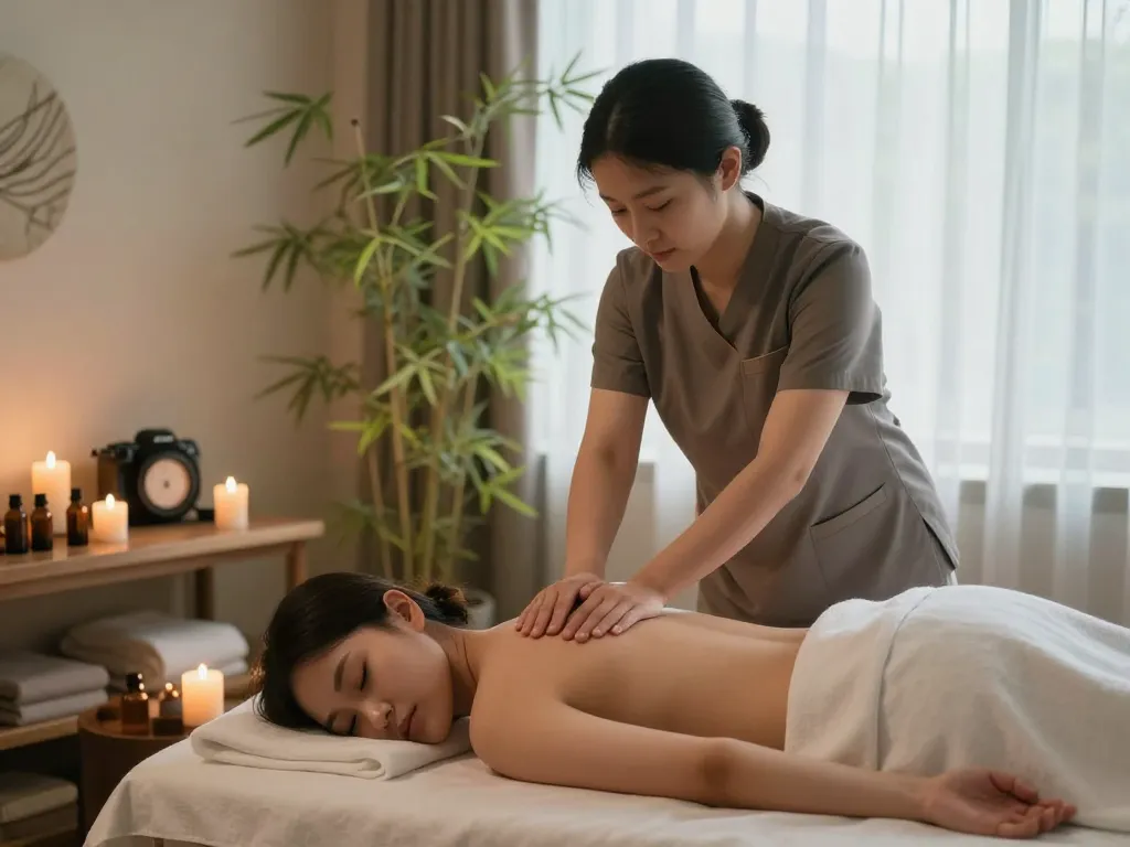 편안한 장식과 전문 치료사가 있는 강남스웨디시 마사지 치료의 고요한 분위기.