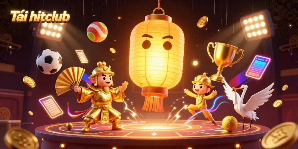 Tải hitclub to explore a vibrant gambling scene with golden lanterns and dynamic sports elements.