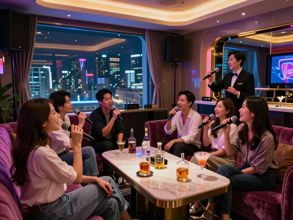 Exciting group singing in a luxurious Gangnam karaoke venue, showcasing the vibrant nightlife experience.