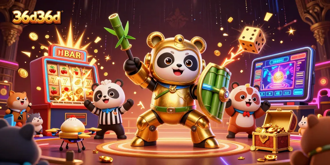 36d36d apresenta um panda dourado em um robô de luta em um cenário de cassino vibrante.
