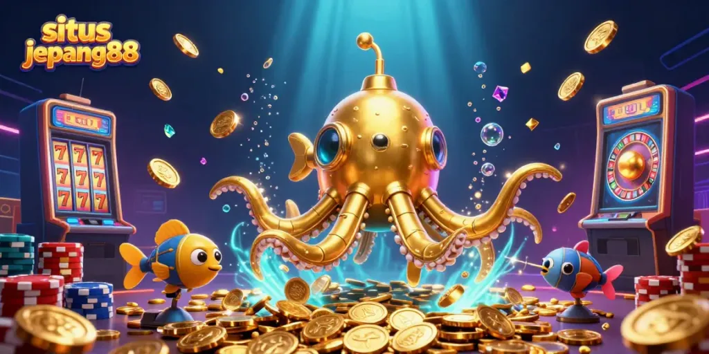 Engage with situs jepang88's vibrant casino atmosphere, showcasing a golden kraken and treasures.