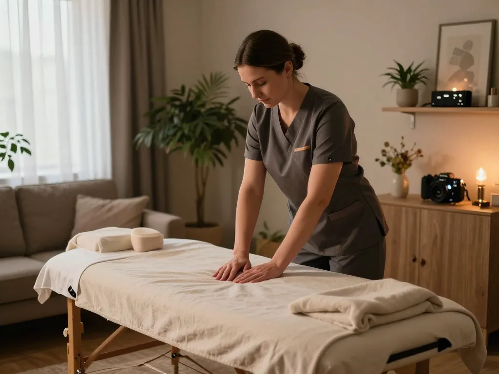 russiamobilemassage.com의 치료 서비스를 보여주는 편안한 홈 마사지 설정.