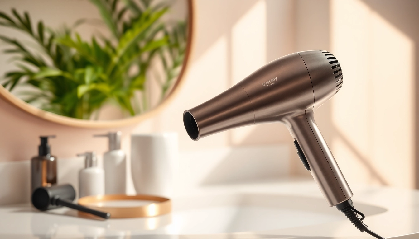 Hair dryer for frizzy hair featured elegantly with accessories on a bright vanity.