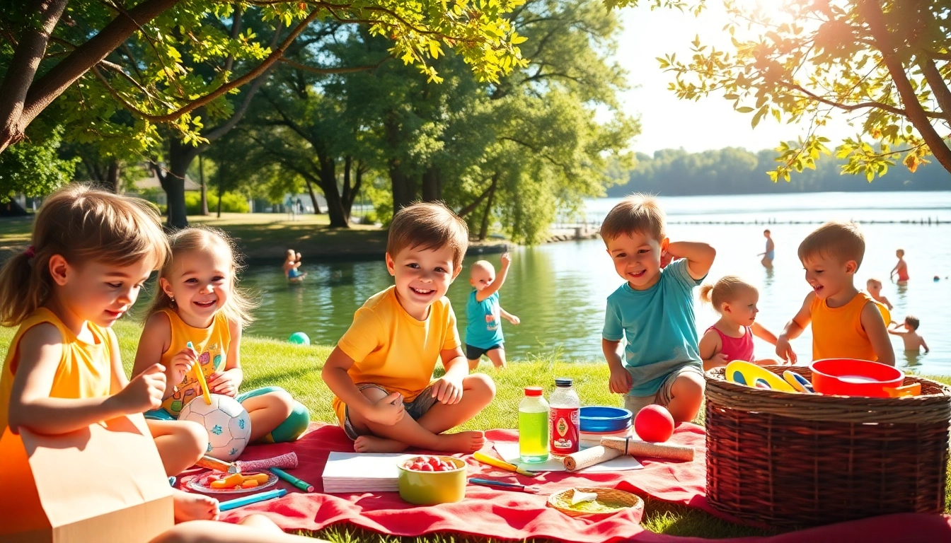 Engaging activities at a summer kids camp showcasing children enjoying arts, swimming, and sports.
